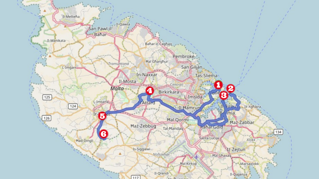 Auf dieser Karte kannst du die optimale Route für eine Game of Thones Tour in Malta sehen.