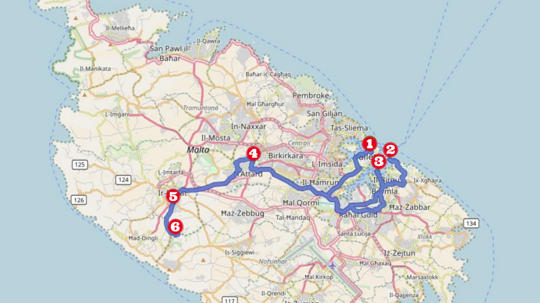 Su questa mappa puoi vedere il percorso ottimale per un Game of Thones Tour a Malta.